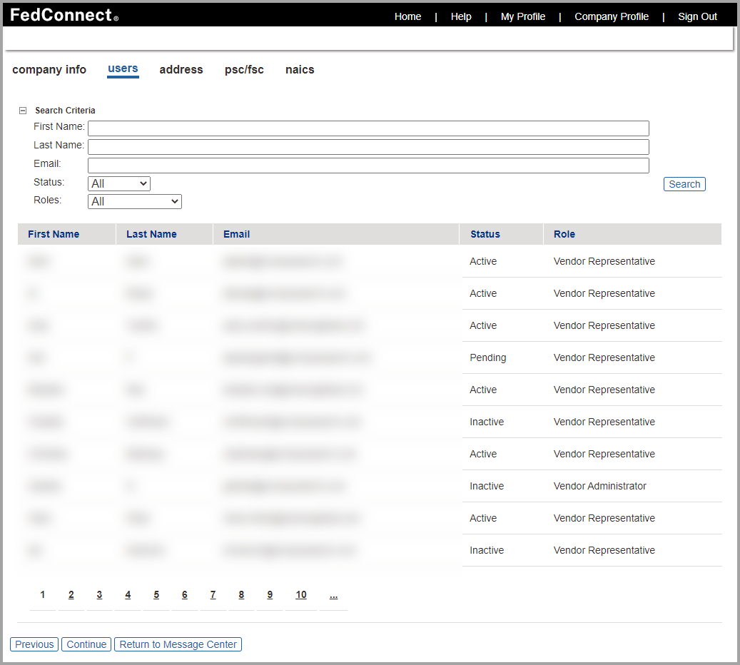 Users Page for Vendor Representative